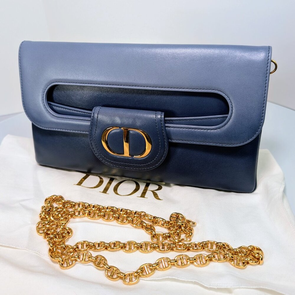 Dior Bicolor Blue Lambskin Flap Clutch with Gold-Tone Dior Chain - Picture 2 of 16
